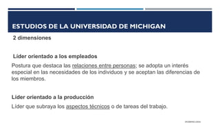 ESTUDIOS DE LA UNIVERSIDAD DE MICHIGAN
2 dimensiones
Líder orientado a los empleados
Postura que destaca las relaciones entre personas; se adopta un interés
especial en las necesidades de los individuos y se aceptan las diferencias de
los miembros.
Líder orientado a la producción
Líder que subraya los aspectos técnicos o de tareas del trabajo.
(ROBBINS,2004)
 