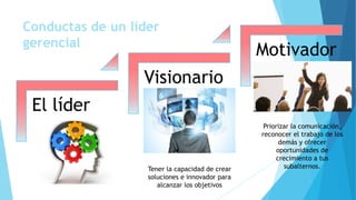 El líder
Visionario
Motivador
Conductas de un líder
gerencial
Priorizar la comunicación,
reconocer el trabajo de los
demás y ofrecer
oportunidades de
crecimiento a tus
subalternos.Tener la capacidad de crear
soluciones e innovador para
alcanzar los objetivos
 