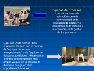 Equipos de ProcesosEquipos de Procesos.
Una de las líneas de
actuación con más
potencialidad en la
reducción de costos y el
incremento de la eficacia y
la eficiencia, es la gestión
de los procesos.
Equipos AutónomosEquipos Autónomos. Son
conocidos también con el nombre
de "equipos de trabajo
autogestionario" o de "equipos de
trabajo autodirigidos". Representan
el grado de participación más
amplio ya que, en la práctica, la
dirección delega en ellos
importantes funciones.
 