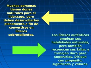 Muchas personasMuchas personas
tienen donestienen dones
naturales para elnaturales para el
liderazgo, peroliderazgo, pero
deben desarrollarlosdeben desarrollarlos
plenamente a fin deplenamente a fin de
convertirse enconvertirse en
lídereslíderes
sobresalientes.sobresalientes. Los líderes auténticosLos líderes auténticos
emplean susemplean sus
habilidades naturales,habilidades naturales,
pero tambiénpero también
reconocen sus fallas yreconocen sus fallas y
trabajan duro paratrabajan duro para
superarlas. Dirigensuperarlas. Dirigen
con propósito,con propósito,
significado y valores.significado y valores.
 