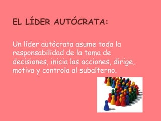 EL LÍDER AUTÓCRATA:
Un líder autócrata asume toda la
responsabilidad de la toma de
decisiones, inicia las acciones, dirige,
motiva y controla al subalterno.
 