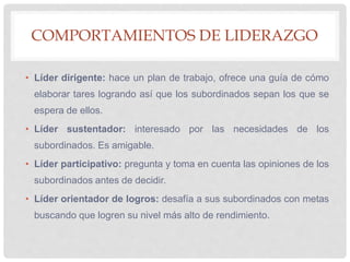 COMPORTAMIENTOS DE LIDERAZGO
• Líder dirigente: hace un plan de trabajo, ofrece una guía de cómo
elaborar tares logrando así que los subordinados sepan los que se
espera de ellos.
• Líder sustentador: interesado por las necesidades de los
subordinados. Es amigable.
• Líder participativo: pregunta y toma en cuenta las opiniones de los
subordinados antes de decidir.
• Líder orientador de logros: desafía a sus subordinados con metas
buscando que logren su nivel más alto de rendimiento.
 