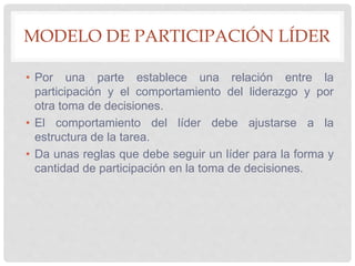MODELO DE PARTICIPACIÓN LÍDER
• Por una parte establece una relación entre la
participación y el comportamiento del liderazgo y por
otra toma de decisiones.
• El comportamiento del líder debe ajustarse a la
estructura de la tarea.
• Da unas reglas que debe seguir un líder para la forma y
cantidad de participación en la toma de decisiones.
 