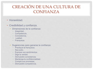 CREACIÓN DE UNA CULTURA DE
CONFIANZA
• Honestidad.
• Credibilidad y confianza.
• Dimensiones de la confianza:
• Integridad.
• Competencia.
• Consistencia.
• Lealtad.
• Franqueza.
• Sugerencias para ganarse la confianza:
• Practique la franqueza.
• Sea justo.
• Exprese sus sentimientos.
• Diga la verdad.
• Demuestre consistencia.
• Mantenga la confidencialidad.
• Cumpla sus promesas.
• Demuestre competencia.
 