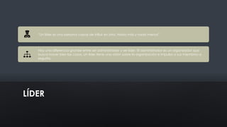 LÍDER
“Un líder es una persona capaz de influir en otra. Nada más y nada menos”.
Hay una diferencia grande entre ser administrador y ser líder. El administrador es un organizador que
busca hacer bien las cosas. Un líder tiene una visión sobre la organización e impulsa a sus miembros a
seguirla.
 