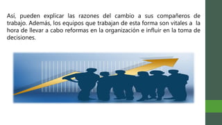 Así, pueden explicar las razones del cambio a sus compañeros de
trabajo. Además, los equipos que trabajan de esta forma son vitales a la
hora de llevar a cabo reformas en la organización e influir en la toma de
decisiones.
 