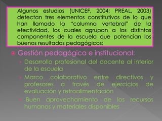 Algunos estudios (UNICEF, 2004; PREAL, 2003)
detectan tres elementos constitutivos de lo que
han llamado la “columna vertebral” de la
efectividad, los cuales agrupan a los distintos
componentes de la escuela que potencian los
buenos resultados pedagógicos:
 Gestión pedagógica e institucional:
› Desarrollo profesional del docente al interior
de la escuela
› Marco colaborativo entre directivos y
profesores a través de ejercicios de
evaluación y retroalimentación
› Buen aprovechamiento de los recursos
humanos y materiales disponibles
 