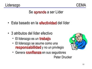 Se  aprende  a ser Líder Esta basado en la  efectividad  del líder 3 atributos del líder efectivo El liderazgo es un  trabajo El liderazgo se asume como una  responsabilidad  y no un privilegio Genera  confianza  en sus seguidores Peter Drucker 
