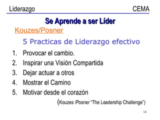 Se Aprende a ser Líder Provocar el cambio. Inspirar una Visión Compartida Dejar actuar a otros Mostrar el Camino Motivar desde el corazón ( Kouzes /Posner “The Leadership Challenge”) Kouzes/Posner 5 Practicas de Liderazgo efectivo 