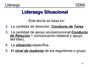 Liderazgo   Situacional Esta teoría se basa en: La cantidad de dirección : Conducta de Tarea La cantidad de apoyo socioemocional: Conducta de Relación  = comunicación bilateral y apoyo del líder), La  situación  específica. El  nivel de madurez  de los seguidores o grupo. 