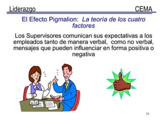 El Efecto Pigmalion:  La teoría de los cuatro factores Los Supervisores comunican sus expectativas a los empleados tanto de manera verbal,  como no verbal, mensajes que pueden influenciar en forma positiva o negativa 