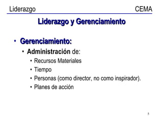Liderazgo y Gerenciamiento Gerenciamiento: Administración  de: Recursos Materiales Tiempo Personas (como director, no como inspirador). Planes de acción 