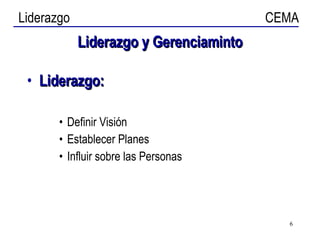 Liderazgo y Gerenciaminto Liderazgo: Definir Visión Establecer Planes Influir sobre las Personas 