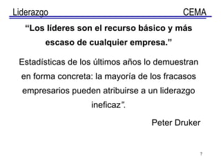 “ Los líderes son el recurso básico y más escaso de cualquier empresa.” Estadísticas de los últimos años lo demuestran en forma concreta: la mayoría de los fracasos empresarios pueden atribuirse a un liderazgo ineficaz ”. Peter Druker 