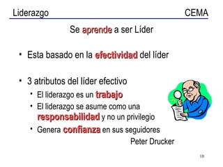 Se  aprende  a ser Líder Esta basado en la  efectividad  del líder 3 atributos del líder efectivo El liderazgo es un  trabajo El liderazgo se asume como una  responsabilidad  y no un privilegio Genera  confianza  en sus seguidores Peter Drucker 