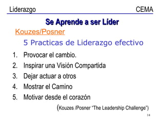 Se Aprende a ser Líder Provocar el cambio. Inspirar una Visión Compartida Dejar actuar a otros Mostrar el Camino Motivar desde el corazón ( Kouzes /Posner “The Leadership Challenge”) Kouzes/Posner 5 Practicas de Liderazgo efectivo 