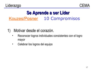 Se Aprende a ser Líder Motivar desde el corazón. Reconocer logros individuales consistentes con el logro mayor Celebrar los logros del equipo Kouzes/Posner 10 Compromisos 