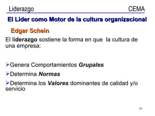 El Lider como Motor de la cultura organizacional El l iderazgo  sostiene la forma en que  la cultura de una empresa: Genera Comportamientos  Grupales Determina  Normas Determina los  Valores   dominantes de calidad y/o servicio Edgar Schein 