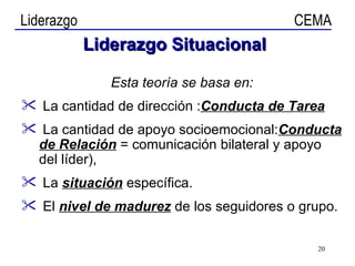 Liderazgo   Situacional Esta teoría se basa en: La cantidad de dirección : Conducta de Tarea La cantidad de apoyo socioemocional: Conducta de Relación  = comunicación bilateral y apoyo del líder), La  situación  específica. El  nivel de madurez  de los seguidores o grupo. 