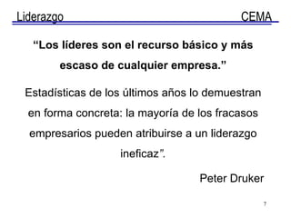 “ Los líderes son el recurso básico y más escaso de cualquier empresa.” Estadísticas de los últimos años lo demuestran en forma concreta: la mayoría de los fracasos empresarios pueden atribuirse a un liderazgo ineficaz ”. Peter Druker 