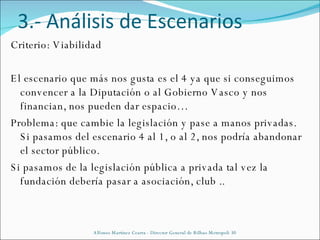 Criterio: Viabilidad El escenario que más nos gusta es el 4 ya que si conseguimos convencer a la Diputación o al Gobierno Vasco y nos financian, nos pueden dar espacio…  Problema: que cambie la legislación y pase a manos privadas. Si pasamos del escenario 4 al 1, o al 2, nos podría abandonar el sector público. Si pasamos de la legislación pública a privada tal vez la fundación debería pasar a asociación, club .. Alfonso Martínez Cearra - Director General de Bilbao Metropoli 30 3.- Análisis de Escenarios 