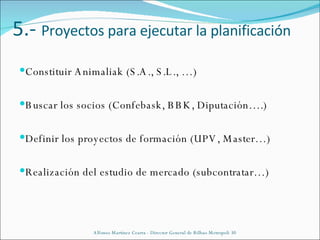 5.-  Proyectos para ejecutar la planificación Constituir Animaliak (S.A., S.L., …) Buscar los socios (Confebask, BBK, Diputación….) Definir los proyectos de formación (UPV, Master…) Realización del estudio de mercado (subcontratar…) Alfonso Martínez Cearra - Director General de Bilbao Metropoli 30 