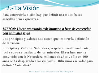 2.- La Visión Para construir la visión hay que definir una o dos frases sencillas pero expresivas. VISIÓN: Hacer un mundo más humano a base de comerciar con animales vivos Los principios y valores nos tienen que inspirar la definición de la visión. Principios y Valores: Naturaleza, respeto al medio ambiente, lucha contra el maltrato de los animales. El ser humano ha convivido con la Naturaleza millones de años y sólo en 100 años se ha desplazado a las ciudades. Utilizamos ese valor para definir “Animaliak” Alfonso Martínez Cearra - Director General de Bilbao Metropoli 30 
