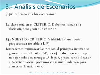 ¿Qué hacemos con los escenarios? La clave está en el CRITERIO. Debemos tomar una decisión, pero ¿con qué criterio? Ej.: NUESTRO CRITERIO: Viabilidad (que nuestro proyecto sea rentable a L/P) Buscaremos minimizar los riesgos al principio intentando generar rentabilidad a C/P, por ejemplo empezamos por trabajar sólo con tortugas. A la par, y para sensibilizar en el Servicio Social, podemos crear una fundación para conservar la naturaleza. Alfonso Martínez Cearra - Director General de Bilbao Metropoli 30 3.- Análisis de Escenarios 