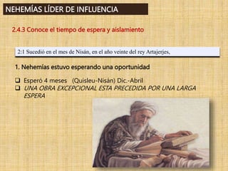NEHEMÍAS LÍDER DE INFLUENCIA
2.4.3 Conoce el tiempo de espera y aislamiento
1. Nehemías estuvo esperando una oportunidad
 Esperó 4 meses (Quisleu-Nisán) Dic.-Abril
 UNA OBRA EXCEPCIONAL ESTA PRECEDIDA POR UNA LARGA
ESPERA
2:1 Sucedió en el mes de Nisán, en el año veinte del rey Artajerjes,
 
