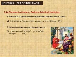 NEHEMÍAS LÍDER DE INFLUENCIA
2.4.4 Discierne los tiempos y Realiza solicitudes Estratégicas
1. Nehemías cuando tuvo la oportunidad se trazo metas claras
 Si le place al Rey, envíame a Judá,….y la reedificaré (2:5)
2. Nehemías determinó un plazo de tiempo
 ¿cuanto durará tu viaje?…..yo le señalé
tiempo (2:6)
 
