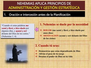 1. Oración e intercesión antes de la Planificación
“Cuando oí estas palabras me
senté y lloré, e hice duelo por
algunos días, y ayuné y oré
delante del Dios de los cielos.”
(Nehemías 1: 4)
1. Nehemías se duele por la necesidad
 DOLOR (me senté y lloré, e hice duelo por
unos días)
 MOTIVACION (ayuné y oré delante del Dios
de los cielos)
2. Cuando tú oras:
 Demuestras que estas dependiendo de Dios
 Alivias el peso de tu carga
 Desatas el poder de Dios en tu vida
NEHEMIAS APLICA PRINCIPIOS DE
ADMINISTTRACIÓN Y GESTIÓN ESTRATÉGICA
 