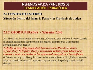 NEHEMIAS APLICA PRINCIPIOS DE
PLANIFICACIÓN ESTRATÉGICA
2.2 CONTEXTO EXTERNO
Situación dentro del imperio Persa y la Provincia de Judea
2.2.2 OPORTUNIDADES - Nehemías 2:3-6
3 Y dije al rey: Para siempre viva el rey. ¿Cómo no estará triste mi rostro, cuando
la ciudad, casa de los sepulcros de mis padres, está desierta, y sus puertas
consumidas por el fuego?
4 Me dijo el rey: ¿Qué cosa pides? Entonces oré al Dios de los cielos,
5 y dije al rey: Si le place al rey, y tu siervo ha hallado gracia delante de ti,
envíame a Judá, a la ciudad de los sepulcros de mis padres, y la reedificaré.
6 Entonces el rey me dijo (y la reina estaba sentada junto a él): ¿Cuánto durará tu
viaje, y cuándo volverás? Y agradó al rey enviarme, después que yo le señalé
tiempo.
 