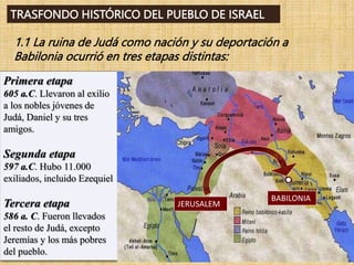 TRASFONDO HISTÓRICO DEL PUEBLO DE ISRAEL
1.1 La ruina de Judá como nación y su deportación a
Babilonia ocurrió en tres etapas distintas:
Primera etapa
605 a.C. Llevaron al exilio
a los nobles jóvenes de
Judá, Daniel y su tres
amigos.
Segunda etapa
597 a.C. Hubo 11.000
exiliados, incluido Ezequiel
Tercera etapa
586 a. C. Fueron llevados
el resto de Judá, excepto
Jeremías y los más pobres
del pueblo.
BABILONIA
JERUSALEM
 