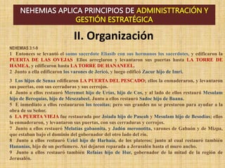 NEHEMIAS APLICA PRINCIPIOS DE ADMINISTTRACIÓN Y
GESTIÓN ESTRATÉGICA
NEHEMIAS 3:1-9
1 Entonces se levantó el sumo sacerdote Eliasib con sus hermanos los sacerdotes, y edificaron la
PUERTA DE LAS OVEJAS. Ellos arreglaron y levantaron sus puertas hasta LA TORRE DE
HAMEA, y edificaron hasta LA TORRE DE HANANEEL.
2 Junto a ella edificaron los varones de Jericó, y luego edificó Zacur hijo de Imri.
3 Los hijos de Senaa edificaron LA PUERTA DEL PESCADO; ellos la enmaderaron, y levantaron
sus puertas, con sus cerraduras y sus cerrojos.
4 Junto a ellos restauró Meremot hijo de Urías, hijo de Cos, y al lado de ellos restauró Mesulam
hijo de Berequías, hijo de Mesezabeel. Junto a ellos restauró Sadoc hijo de Baana.
5 E inmediato a ellos restauraron los tecoítas; pero sus grandes no se prestaron para ayudar a la
obra de su Señor.
6 LA PUERTA VIEJA fue restaurada por Joiada hijo de Paseah y Mesulam hijo de Besodías; ellos
la enmaderaron, y levantaron sus puertas, con sus cerraduras y cerrojos.
7 Junto a ellos restauró Melatías gabaonita, y Jadón meronotita, varones de Gabaón y de Mizpa,
que estaban bajo el dominio del gobernador del otro lado del río.
8 Junto a ellos restauró Uziel hijo de Harhaía, de los plateros; junto al cual restauró también
Hananías, hijo de un perfumero. Así dejaron reparada a Jerusalén hasta el muro ancho.
9 Junto a ellos restauró también Refaías hijo de Hur, gobernador de la mitad de la región de
Jerusalén.
II. Organización
 