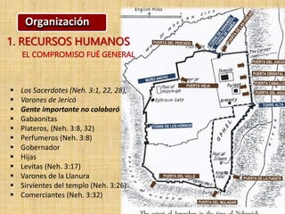 Organización
1. RECURSOS HUMANOS
EL COMPROMISO FUÉ GENERAL
 Los Sacerdotes (Neh. 3:1, 22, 28),
 Varones de Jericó
 Gente importante no colaboró
 Gabaonitas
 Plateros, (Neh. 3:8, 32)
 Perfumeros (Neh. 3:8)
 Gobernador
 Hijas
 Levitas (Neh. 3:17)
 Varones de la Llanura
 Sirvientes del templo (Neh. 3:26)
 Comerciantes (Neh. 3:32)
 