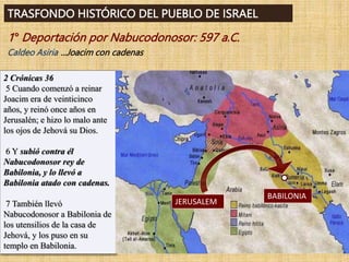TRASFONDO HISTÓRICO DEL PUEBLO DE ISRAEL
1° Deportación por Nabucodonosor: 597 a.C.
Caldeo Asiria ...Joacim con cadenas
2 Crónicas 36
5 Cuando comenzó a reinar
Joacim era de veinticinco
años, y reinó once años en
Jerusalén; e hizo lo malo ante
los ojos de Jehová su Dios.
6 Y subió contra él
Nabucodonosor rey de
Babilonia, y lo llevó a
Babilonia atado con cadenas.
7 También llevó
Nabucodonosor a Babilonia de
los utensilios de la casa de
Jehová, y los puso en su
templo en Babilonia.
BABILONIA
JERUSALEM
 