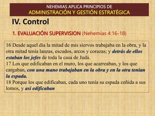 NEHEMIAS APLICA PRINCIPIOS DE
ADMINISTRACIÓN Y GESTIÓN ESTRATÉGICA
1. EVALUACIÓN SUPERVISION (Nehemías 4:16-18)
16 Desde aquel día la mitad de mis siervos trabajaba en la obra, y la
otra mitad tenía lanzas, escudos, arcos y corazas; y detrás de ellos
estaban los jefes de toda la casa de Judá.
17 Los que edificaban en el muro, los que acarreaban, y los que
cargaban, con una mano trabajaban en la obra y en la otra tenían
la espada.
18 Porque los que edificaban, cada uno tenía su espada ceñida a sus
lomos, y así edificaban
IV. Control
 