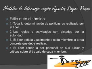 Modelos de liderazgo según Agustín Reyes Ponce
 Estilo auto dinámico.
 1.-Toda la determinación de políticas es realizada por
el líder.
 2.-Las reglas y actividades son dictadas por la
autoridad.
 3.-El líder señala usualmente a cada miembro la tarea
concreta que debe realizar.
 4.-El líder tiende a ser personal en sus juicios y
criticas sobre el trabajo de cada miembro.
 