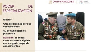 PODER DE
ESPECIALIZACIÓN
Efectos:
Crea credibilidad por sus
conocimientos.
Su comunicación es
placentera
Duración: se acaba
cuando aparece alguien
con un grado mayor de
conocimientos
 