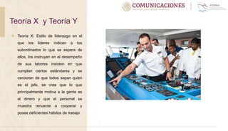  Teoría X: Estilo de liderazgo en el
que los lideres indican a los
subordinados lo que se espera de
ellos, los instruyen en el desempeño
de sus labores insisten en que
cumplan ciertos estándares y se
cercioran de que todos sepan quien
es el jefe, se cree que lo que
principalmente motiva a la gente es
el dinero y que el personal se
muestra renuente a cooperar y
posee deficientes hábitos de trabajo.
Teoría X y Teoría Y
 
