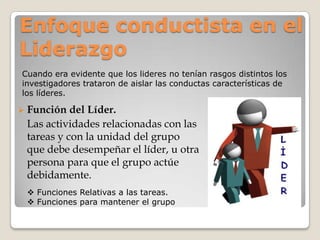 Enfoque conductista en el
Liderazgo
Cuando era evidente que los lideres no tenían rasgos distintos los
investigadores trataron de aislar las conductas características de
los líderes.

 Función  del Líder.
 Las actividades relacionadas con las
 tareas y con la unidad del grupo
 que debe desempeñar el líder, u otra
 persona para que el grupo actúe
 debidamente.
  Funciones Relativas a las tareas.
  Funciones para mantener el grupo
 
