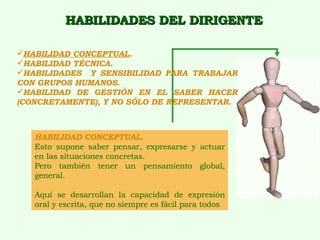 HABILIDADES DEL DIRIGENTE HABILIDAD CONCEPTUAL.   Esto supone saber pensar, expresarse y actuar en las situaciones concretas. Pero también tener un pensamiento global, general.  Aquí se desarrollan la capacidad de expresión oral y escrita, que no siempre es fácil para todos HABILIDAD CONCEPTUAL .   HABILIDAD TÉCNICA.   HABILIDADES  Y SENSIBILIDAD PARA TRABAJAR CON GRUPOS HUMANOS .  HABILIDAD DE GESTIÓN EN EL SABER HACER (CONCRETAMENTE), Y NO SÓLO DE REPRESENTAR . 