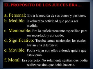 EL PROPÓSITO DE LOS JUECES ERA…

a. Personal: Era a la medida de sus dones y pasiones.
b. Medible: Involucraba actividad que podía ser
             medida.
c. Memorable: Era lo suficientemente específico para
             ser recordado y abrazado.
d. Significativo: Tocaba temas nacionales los cuales
             harían una diferencia.
e. Movible: Podía viajar con ellos a donde quiera que
             estuvieran.
f. Moral: Era correcto. No solamente sentían que podía
             realizarse sino que debía hacerse.
 