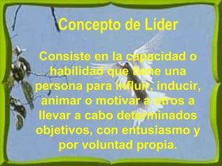 Concepto de Líder
Consiste en la capacidad o
habilidad que tiene una
persona para influir, inducir,
animar o motivar a otros a
llevar a cabo determinados
objetivos, con entusiasmo y
por voluntad propia.
 