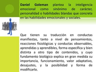 Daniel Goleman plantea la inteligencia emocional como sinónimo de carácter, personalidad o habilidades blandas que concreta en las habilidades emocionales y sociales.Que tienen su traducción en conductas manifiestas, tanto a nivel de pensamientos, reacciones fisiológicas y conductas observables, aprendidas y aprendibles, forma específica y bien distinta a otro tipo de contenidos, y cuyo fundamento biológico explica en gran medida su importancia, funcionamiento, valor adaptativo, desajustes, y la posibilidad y forma de modificarlo.