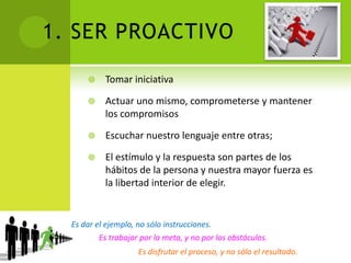 1. SER PROACTIVOTomar iniciativaActuar uno mismo, comprometerse y mantener los compromisosEscuchar nuestro lenguaje entre otras; El estímulo y la respuesta son partes de los hábitos de la persona y nuestra mayor fuerza es la libertad interior de elegir.Es dar el ejemplo, no sólo instrucciones. Es trabajar por la meta, y no por los obstáculos. Es disfrutar el proceso, y no sólo el resultado. 