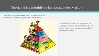Teoría de la pirámide de las necesidades-Maslow
Desarrolló lo que se conoce como la pirámide de las
necesidades, identificó que había 5 necesidades
Maslow indica que cada necesidad, de
abajo hacia arriba, debe ser satisfecha en
cierto grado antes que podamos subir al
siguiente escalón.
 
