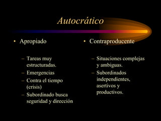 Autocrático
• Apropiado                 • Contraproducente

  – Tareas muy                – Situaciones complejas
    estructuradas.              y ambiguas.
  – Emergencias               – Subordinados
  – Contra el tiempo            independientes,
    (crisis)                    asertivos y
  – Subordinado busca           productivos.
    seguridad y dirección
 