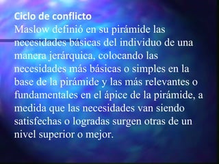Ciclo de conflicto Maslow definió en su pirámide las necesidades básicas del individuo de una manera jerárquica, colocando las necesidades más básicas o simples en la base de la pirámide y las más relevantes o fundamentales en el ápice de la pirámide, a medida que las necesidades van siendo satisfechas o logradas surgen otras de un nivel superior o mejor.  