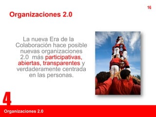 16
  Organizaciones 2.0


        La nueva Era de la
     Colaboración hace posible
       nuevas organizaciones
       2.0 más participativas,
      abiertas, transparentes y
     verdaderamente centrada
          en las personas.



4
Organizaciones 2.0
 